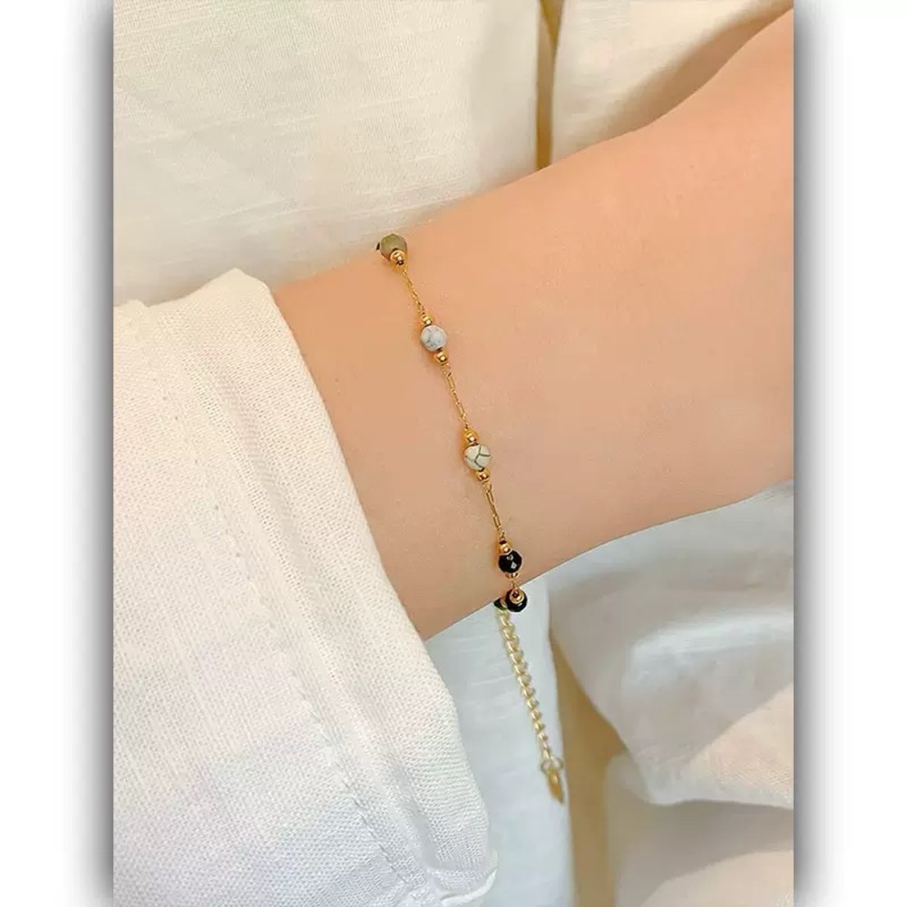 18K Gold Plated Titanium Steel Bracelet - Mixed Natural Stone Beads
